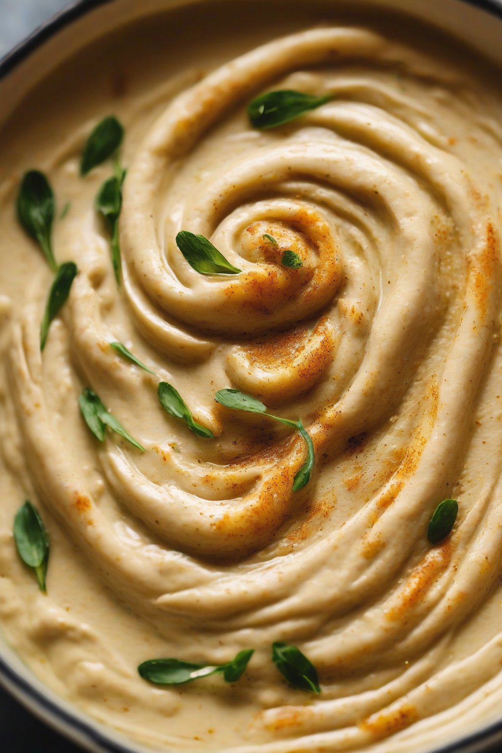 A close-up photo of classic chickpea hummus swirled in a bowl with olive oil drizzle and paprika sprinkle under soft lighting.