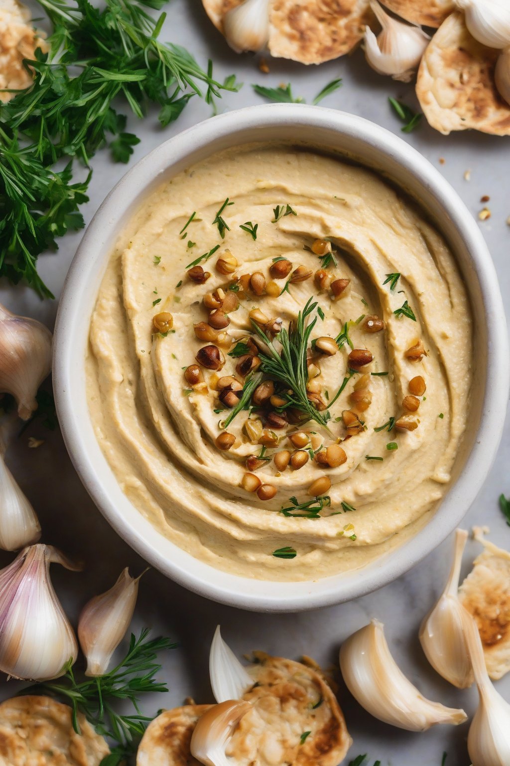 A close-up photo of roasted garlic hummus topped with garlic cloves and herbs under soft lighting.