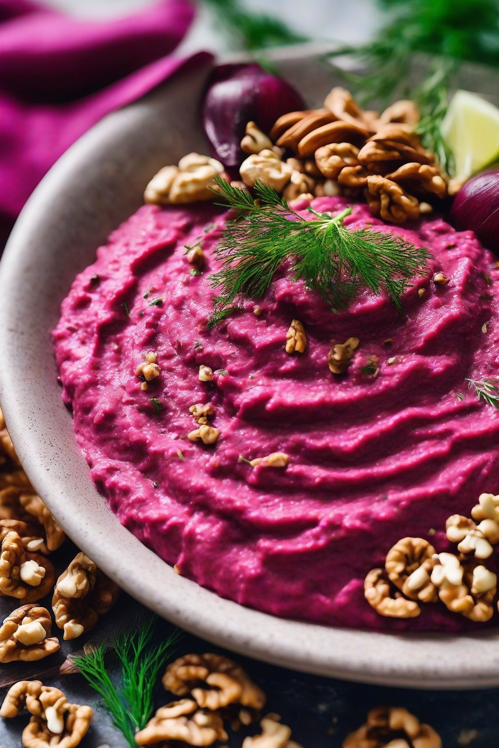 A close-up photo of pink beetroot hummus garnished with walnuts and dill under soft lighting.
