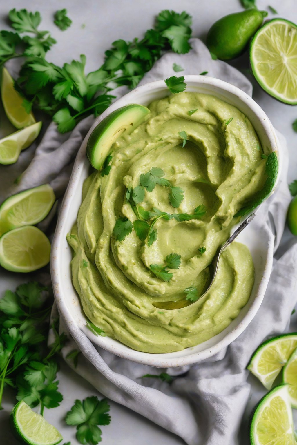 A close-up photo of green avocado hummus with lime wedges and cilantro under soft lighting.