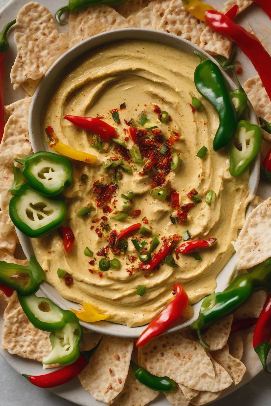 A close-up photo of jalapeño hummus with sliced peppers and chili flakes under soft lighting.