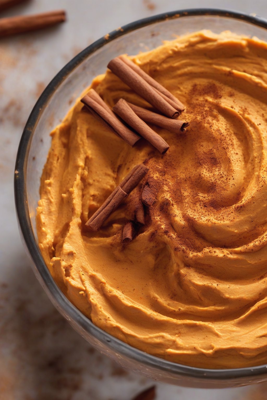 A close-up photo of orange sweet potato hummus dusted with cinnamon under soft lighting.