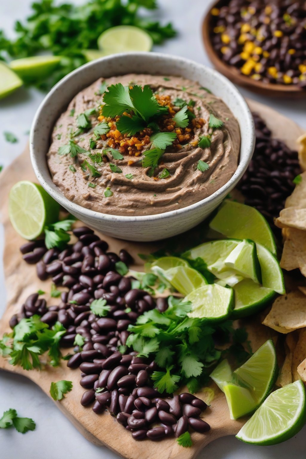 A close-up photo of black bean hummus topped with cilantro and lime zest under soft lighting.