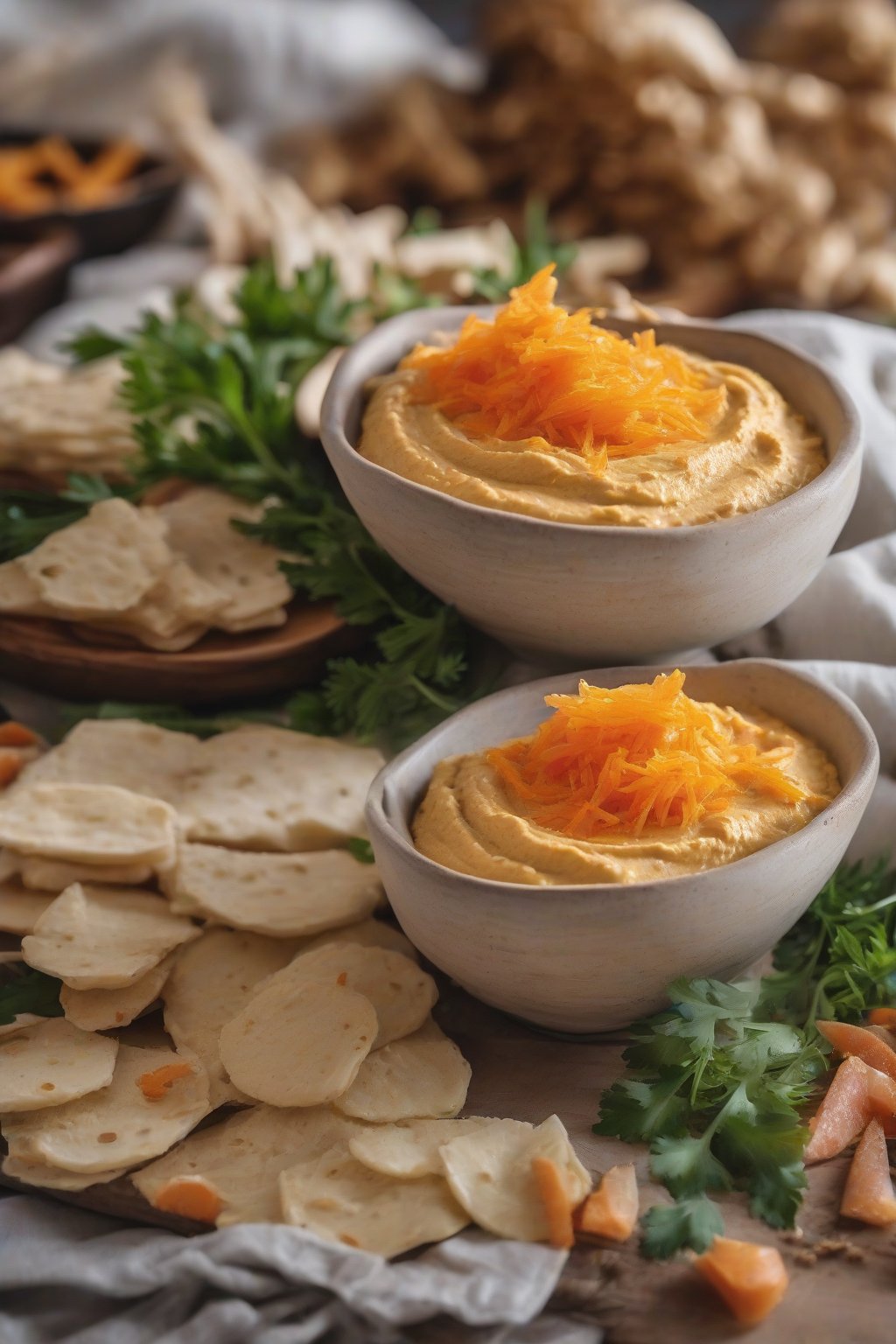 A close-up photo of golden carrot ginger hummus with grated ginger garnish under soft lighting.