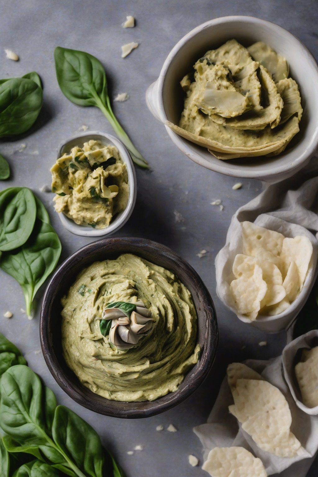 A close-up photo of green spinach artichoke hummus with artichoke leaves under soft lighting.