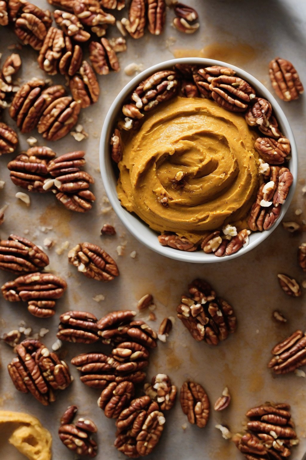 A close-up photo of pumpkin hummus sprinkled with pecans and spice under soft lighting.
