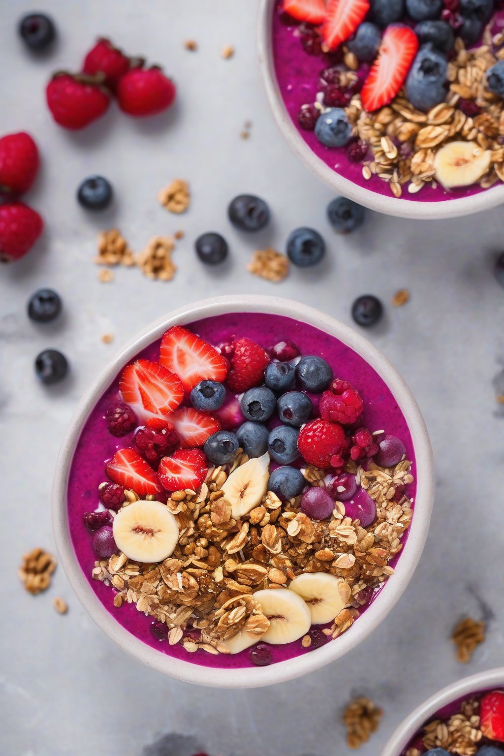 A high-resolution photo of a colorful berry smoothie bowl with granola topping under soft lighting.