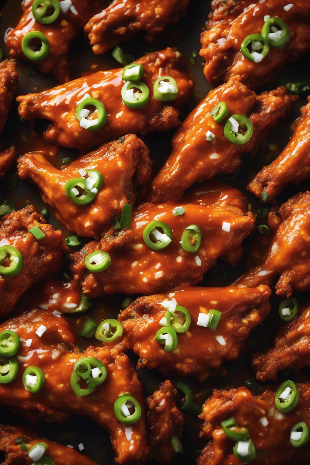 A high-resolution photo of Buffalo wings studded with green jalapeño bits and bold red sauce under soft lighting.