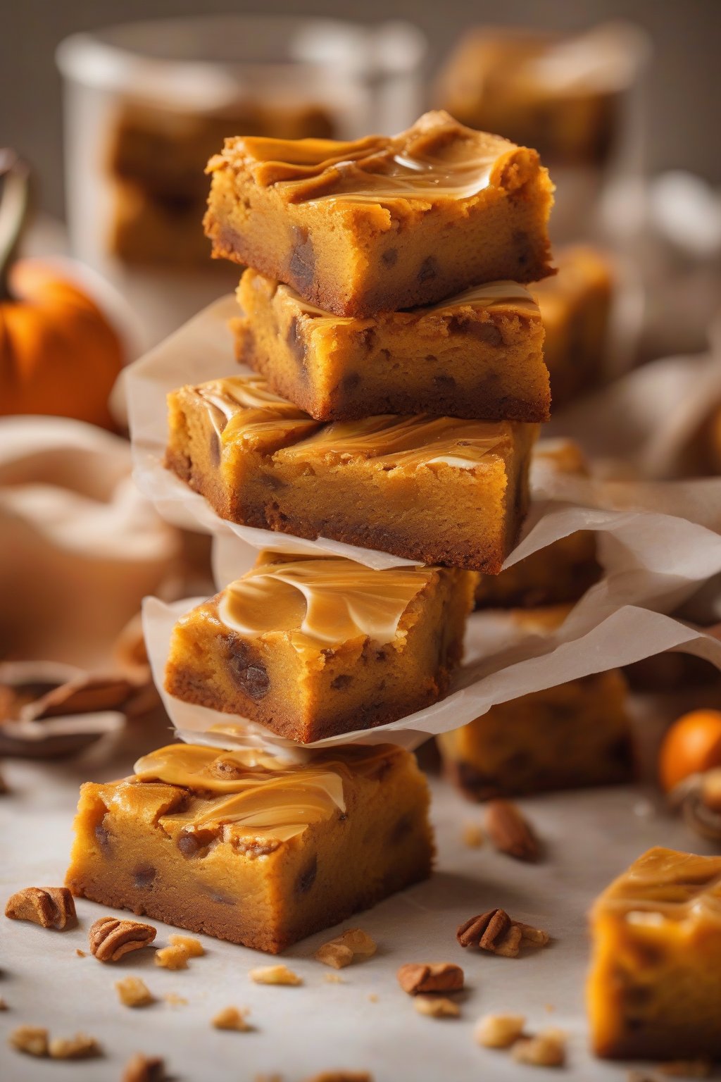 A high-resolution photo of pumpkin spice buttery blondies swirled with orange hue and chips, warm stack, under soft lighting.