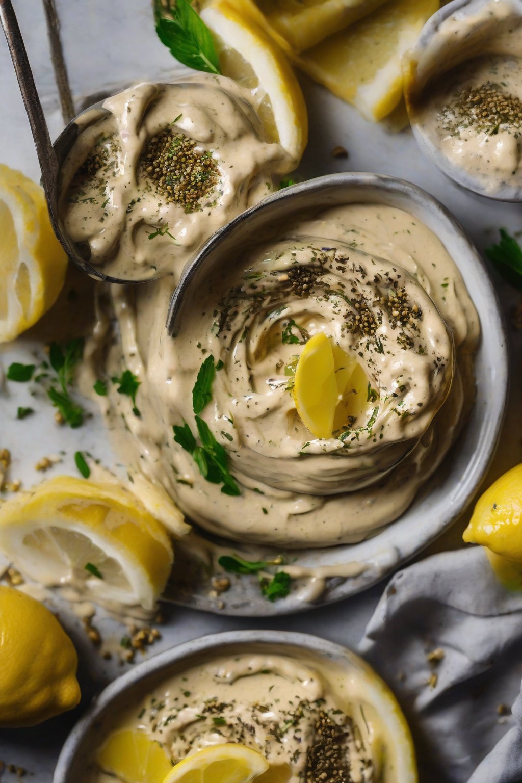A close-up photo of lemon tahini hummus drizzled with oil and za'atar under soft lighting.