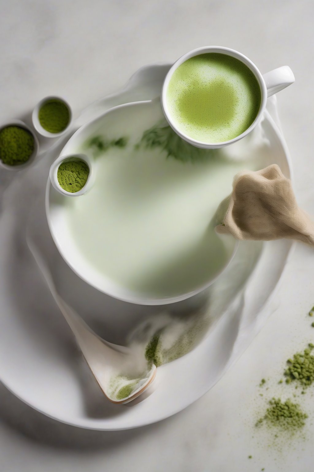 A high-resolution photo of a creamy classic matcha latte in a white ceramic mug, topped with frothy milk and a dusting of matcha, under soft lighting.