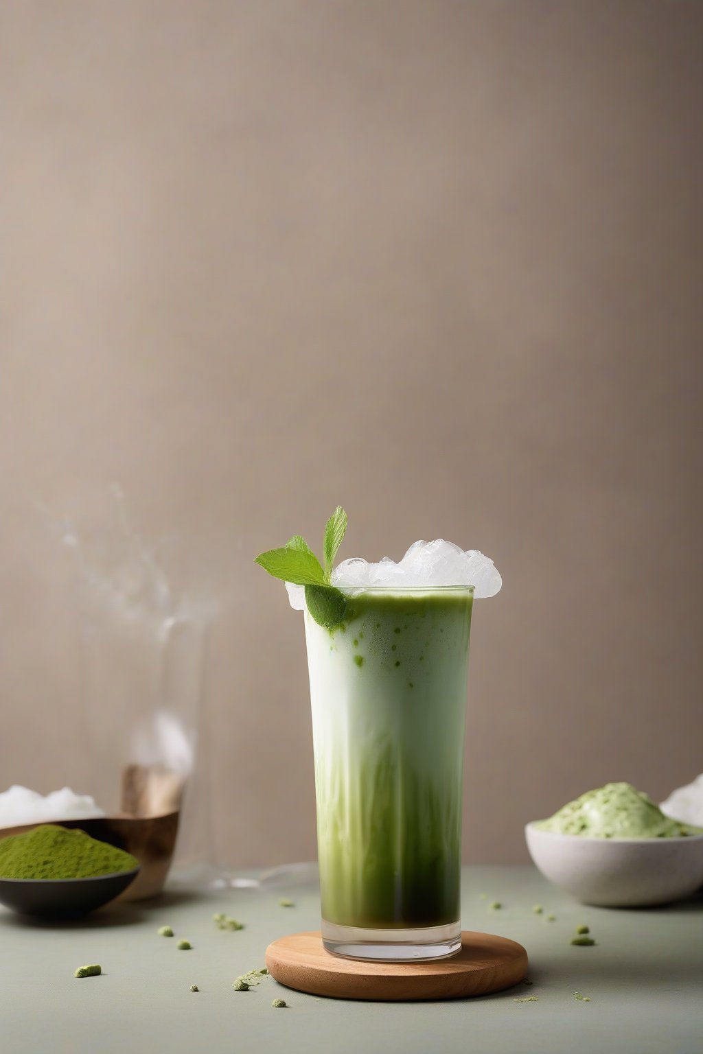 A high-resolution photo of an iced creamy matcha latte in a tall glass with condensed layers of green matcha and white coconut milk, ice visible, under soft lighting.