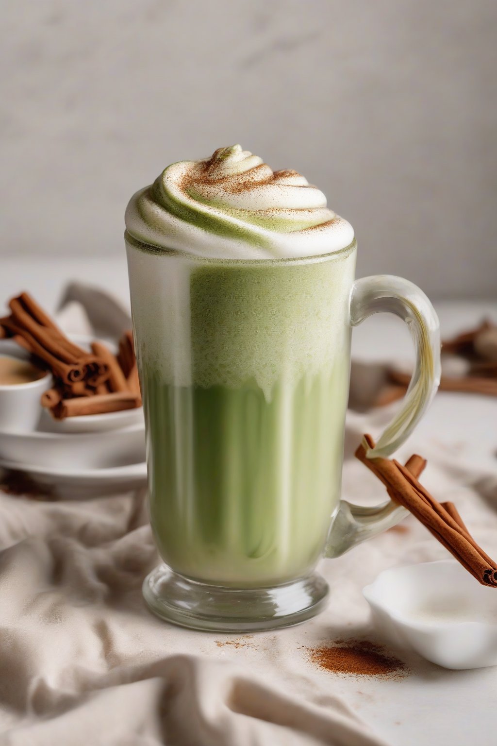 A high-resolution photo of an oat milk matcha latte swirled with vanilla foam in a glass mug, cinnamon sprinkle on top, under soft lighting.