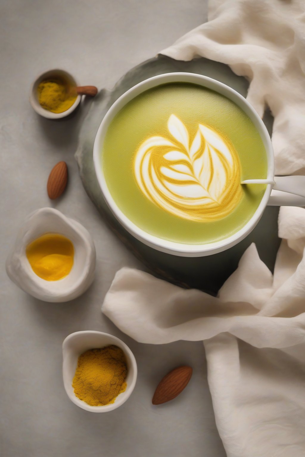 A high-resolution photo of a golden matcha latte with turmeric hues blending into creamy almond milk froth in an earthy bowl, under soft lighting.