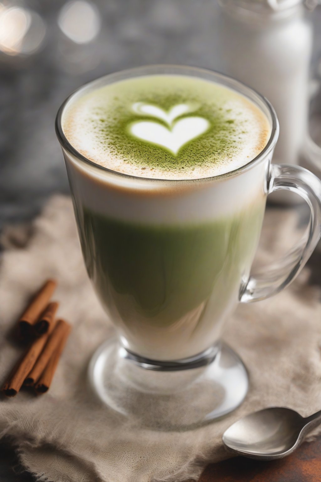 A high-resolution photo of a spiced chai matcha latte steaming in a spiced-rimmed glass, foam heart latte art, under soft lighting.