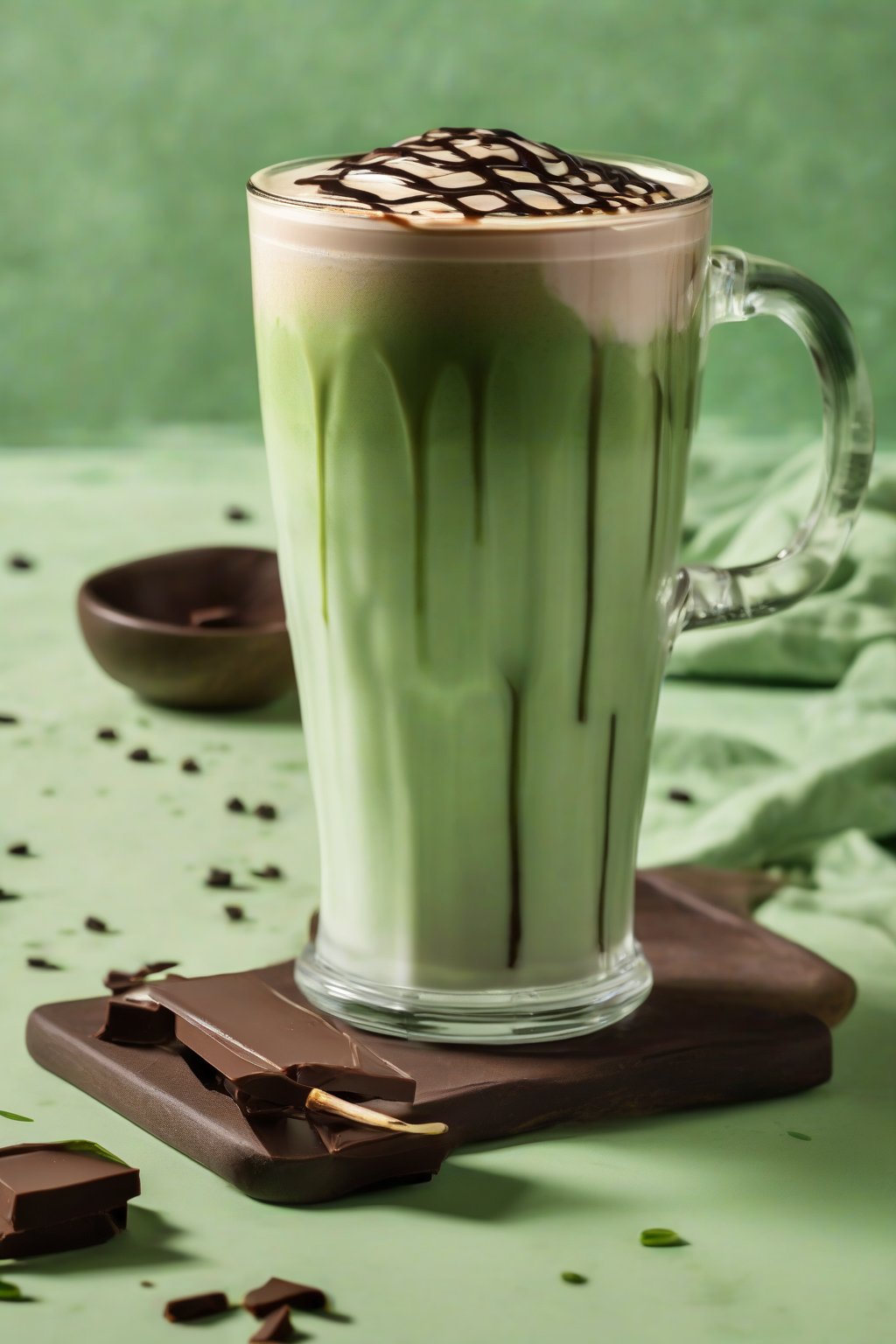A high-resolution photo of a mocha matcha latte with chocolate drizzle over green-tinted foam in a clear mug, under soft lighting.