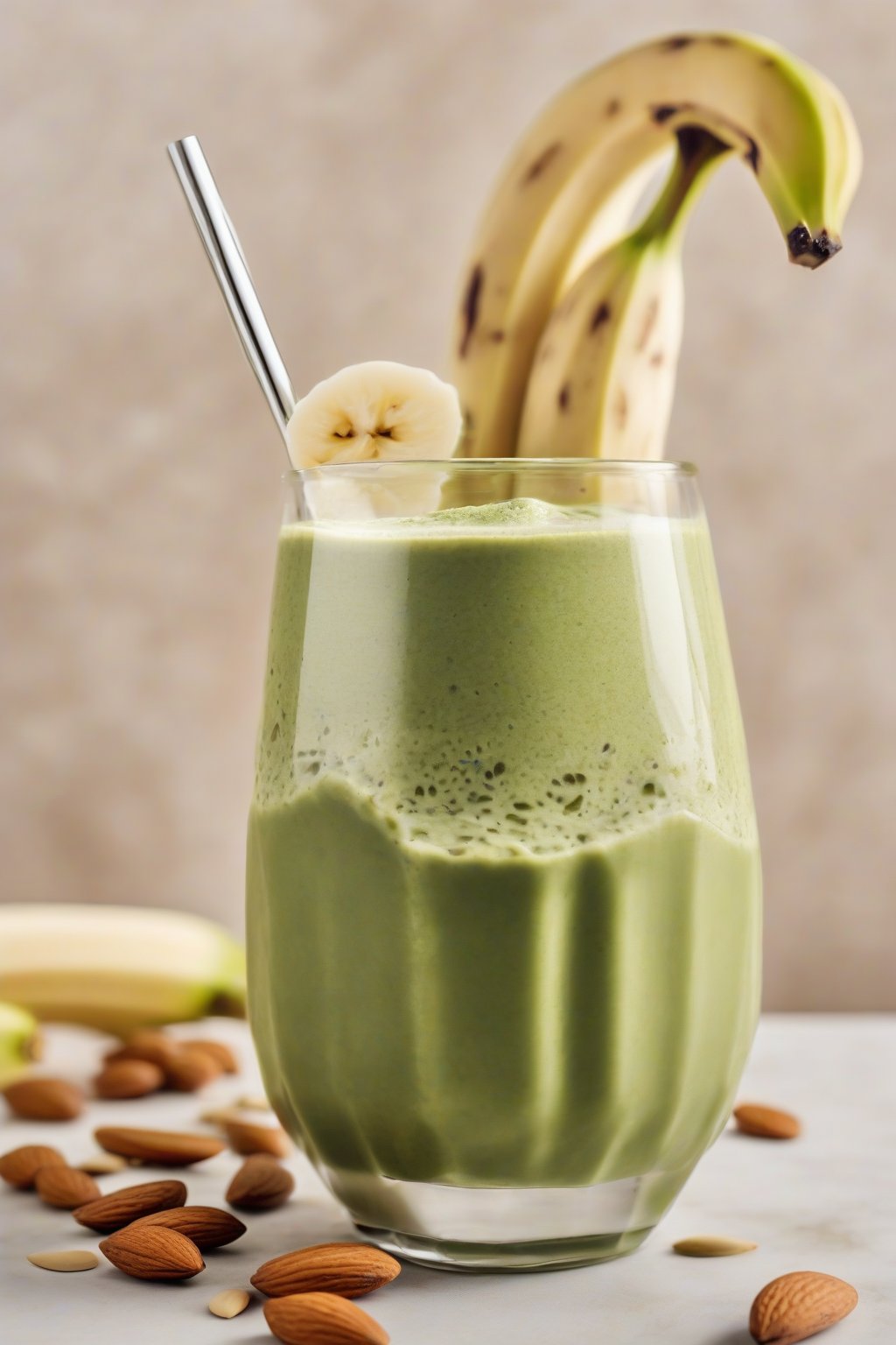 A high-resolution photo of a creamy matcha protein smoothie in a chilled glass with banana slices and almonds on top, under soft lighting.
