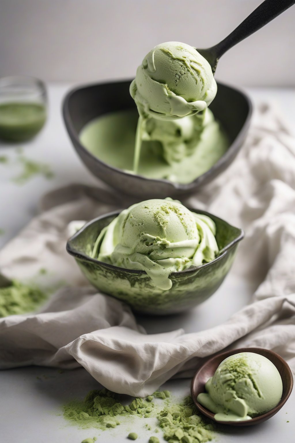 A high-resolution photo of no-churn matcha ice cream scooped into a bowl with green swirls and white chocolate shavings, under soft lighting.