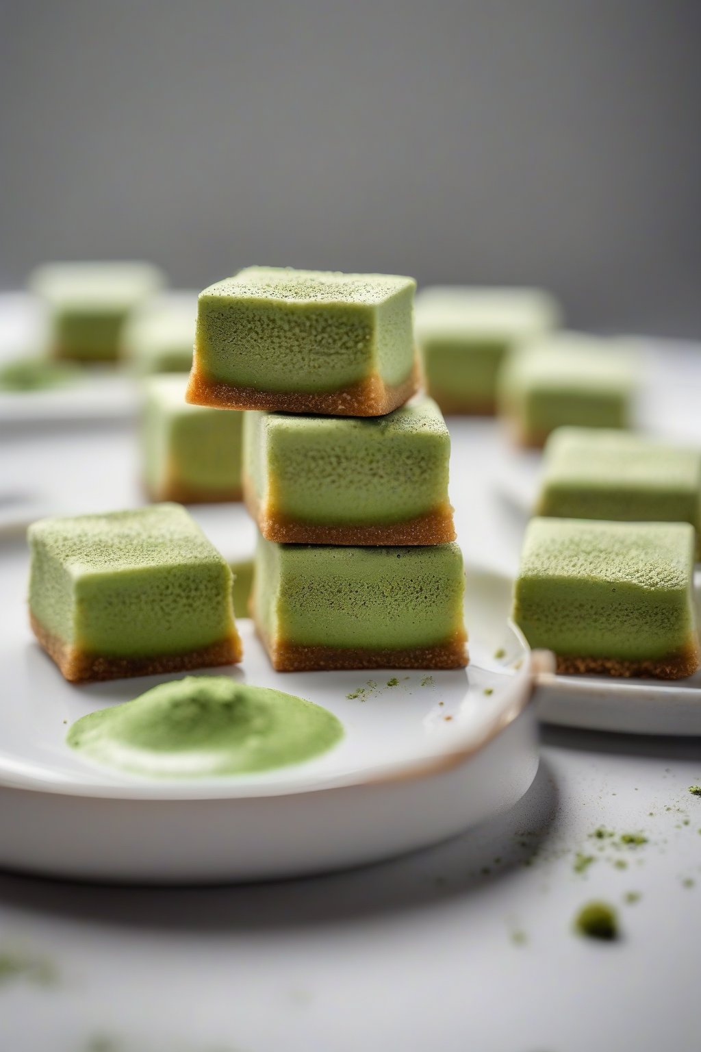 A high-resolution photo of matcha cheesecake bites on a white plate, dusted with matcha powder, creamy green filling visible, under soft lighting.