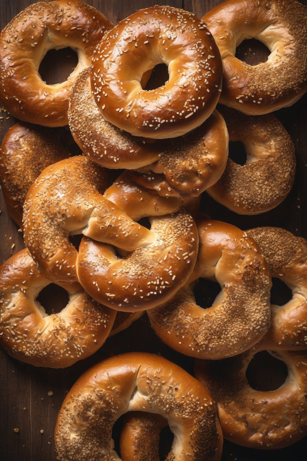 A high-resolution photo of golden, shiny classic bagels piled on a wooden board under soft lighting.