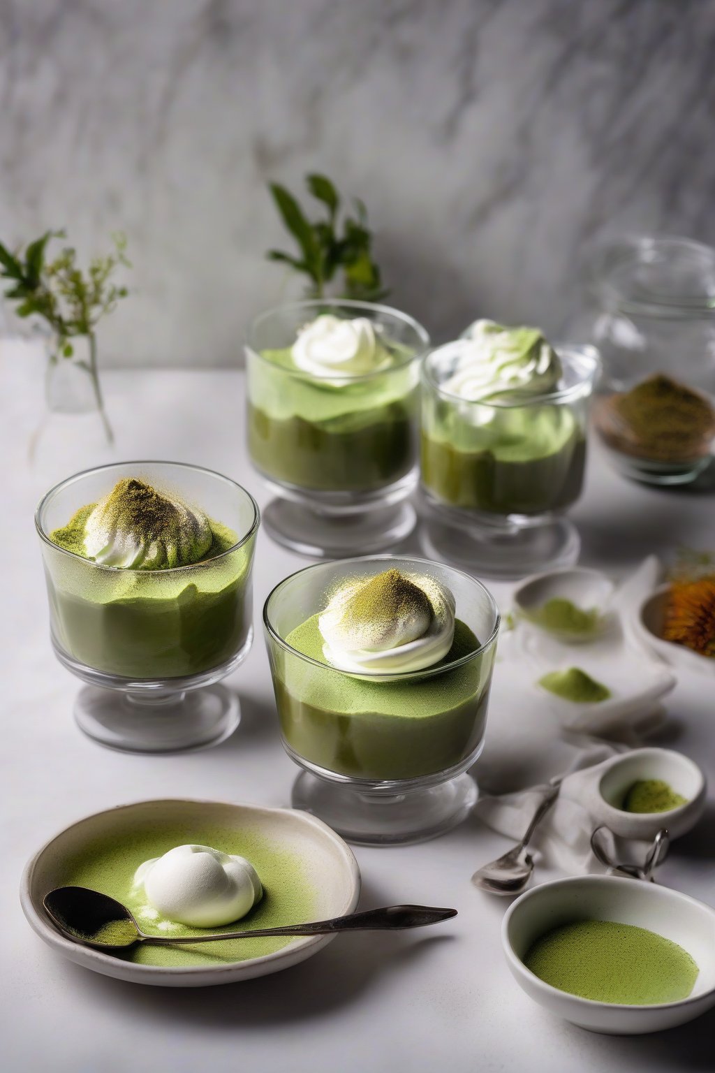 A high-resolution photo of silky matcha pudding in glass ramekins, topped with whipped cream and matcha dust, under soft lighting.