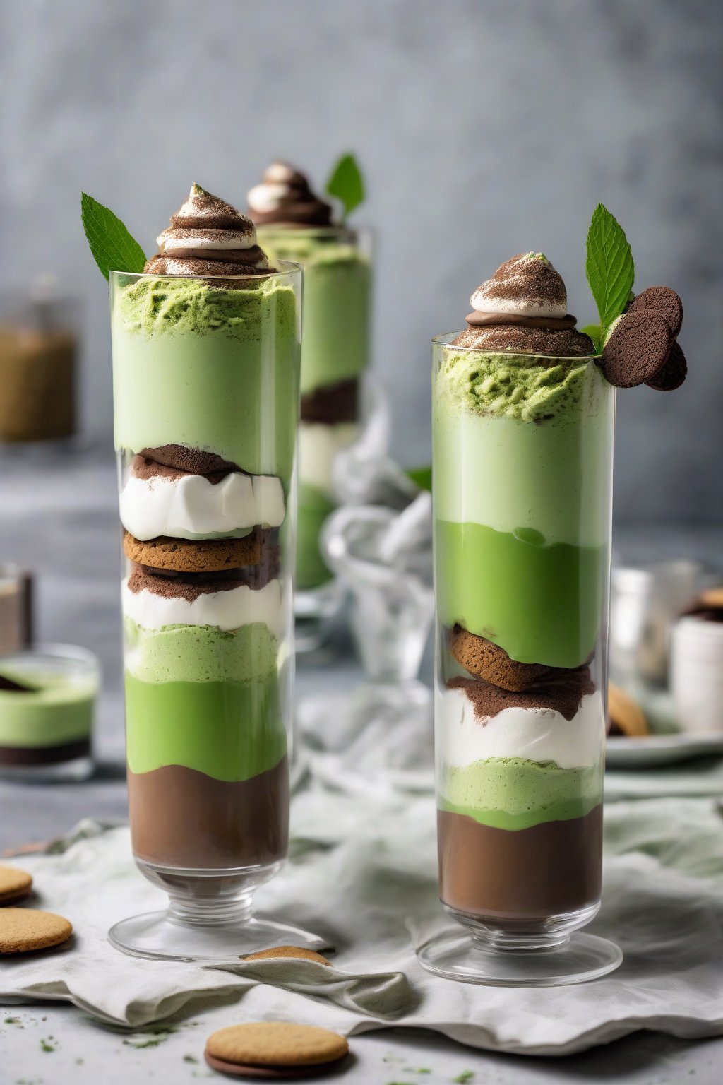 A high-resolution photo of matcha tiramisu parfaits in tall glasses with layered green cream and cookies, cocoa dusting, under soft lighting.