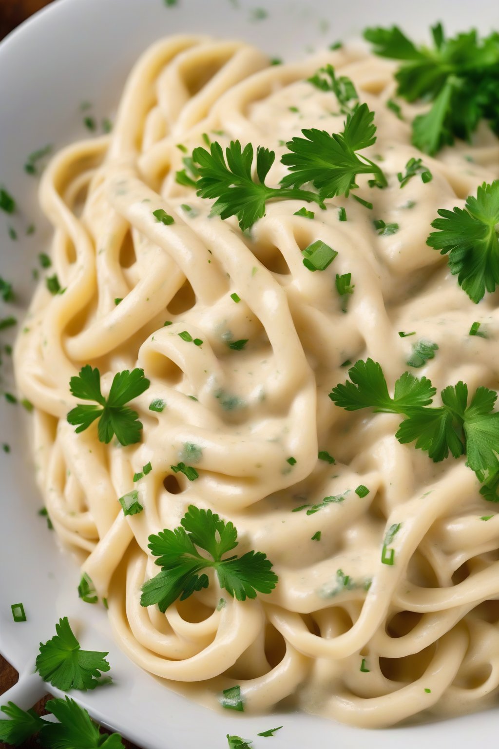 A high-resolution photo of steaming fettuccine coated in glossy classic Alfredo sauce, garnished with fresh parsley, under soft lighting.