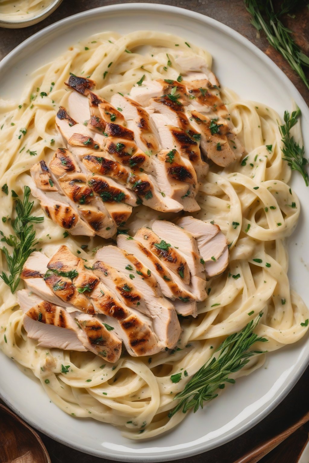 A high-resolution photo of sliced grilled chicken over creamy fettuccine Alfredo with herb flecks, under soft lighting.