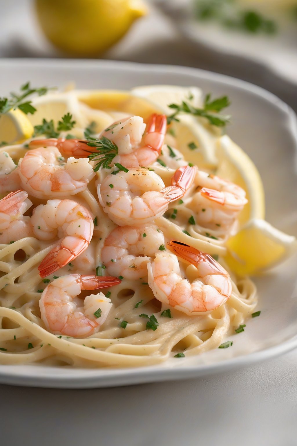 A high-resolution photo of plump shrimp nestled in creamy garlic Alfredo over linguine, lemon wedge aside, under soft lighting.