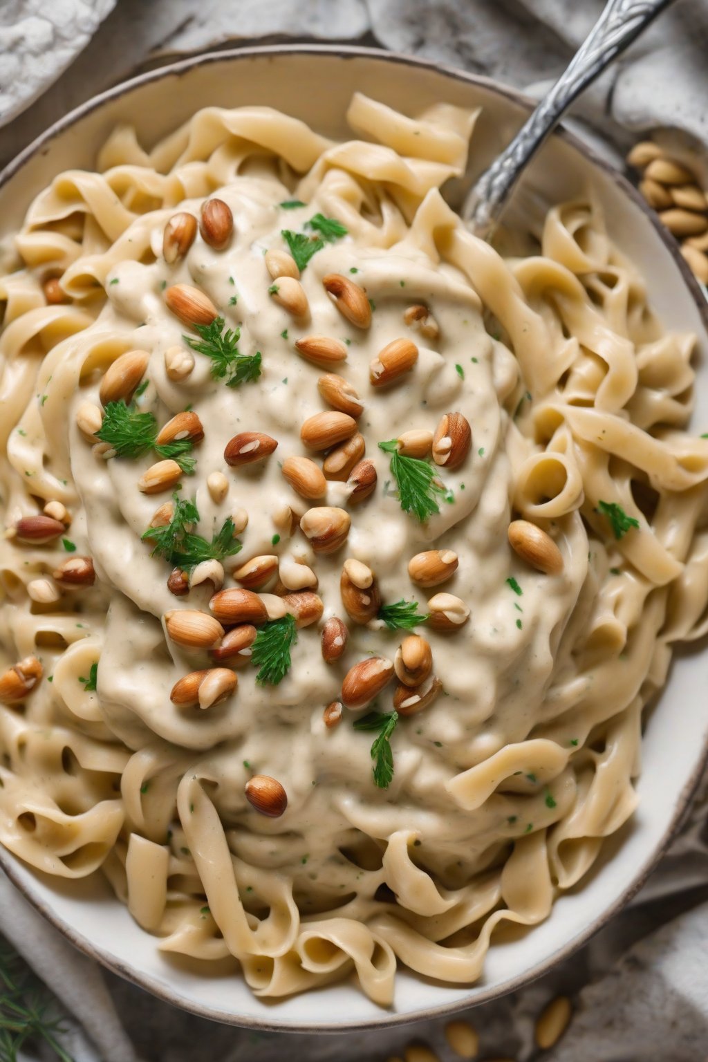 A high-resolution photo of silky vegan Alfredo sauce tossed with gluten-free pasta, topped with pine nuts, under soft lighting.