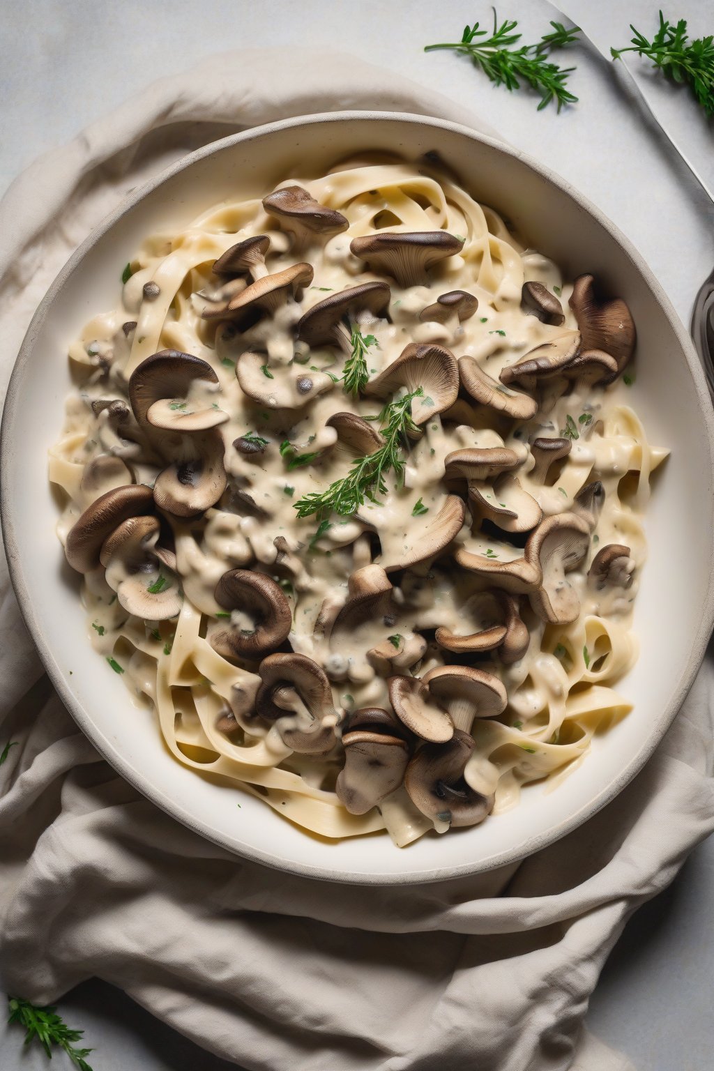 A high-resolution photo of wild mushrooms in thick creamy Alfredo over fettuccine, fresh thyme garnish, under soft lighting.