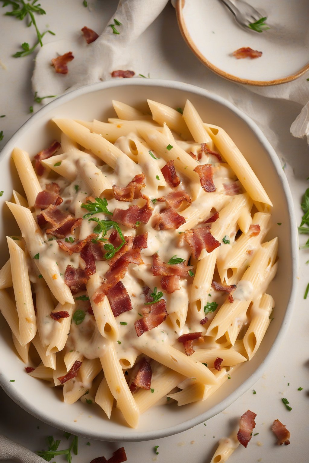 A high-resolution photo of penne pasta in creamy Alfredo studded with crispy bacon pieces, under soft lighting.