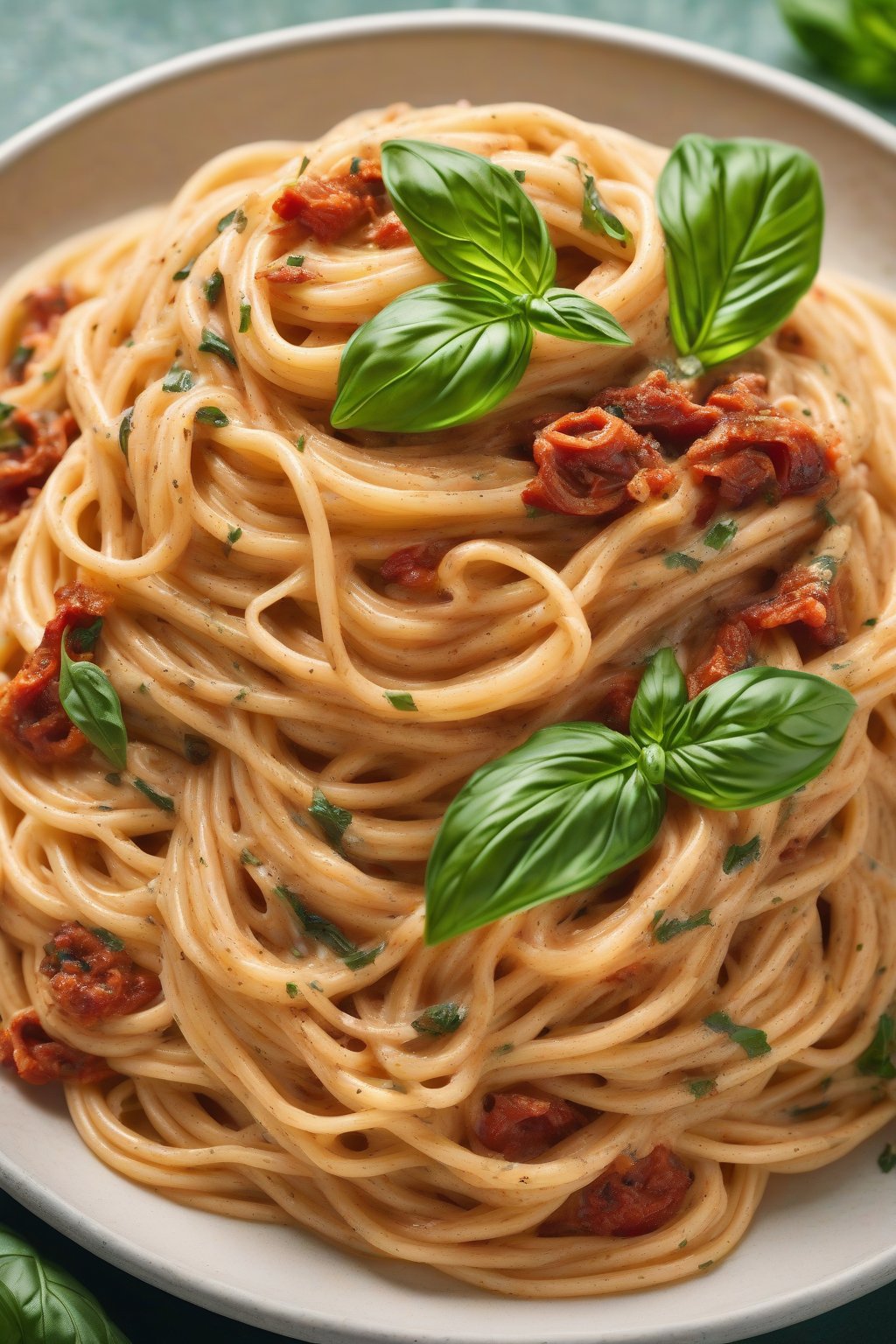 A high-resolution photo of spaghetti swirled in vibrant sun-dried tomato Alfredo, basil leaves on top, under soft lighting.
