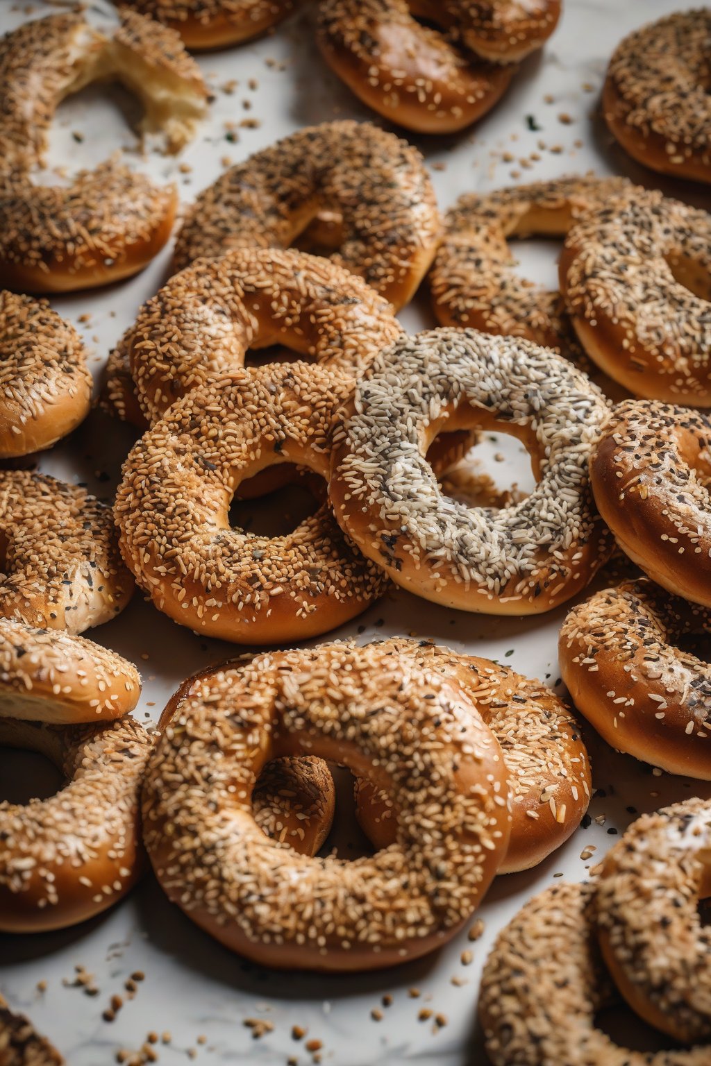 A high-resolution photo of sesame-crusted bagels with glistening seeds under soft lighting.