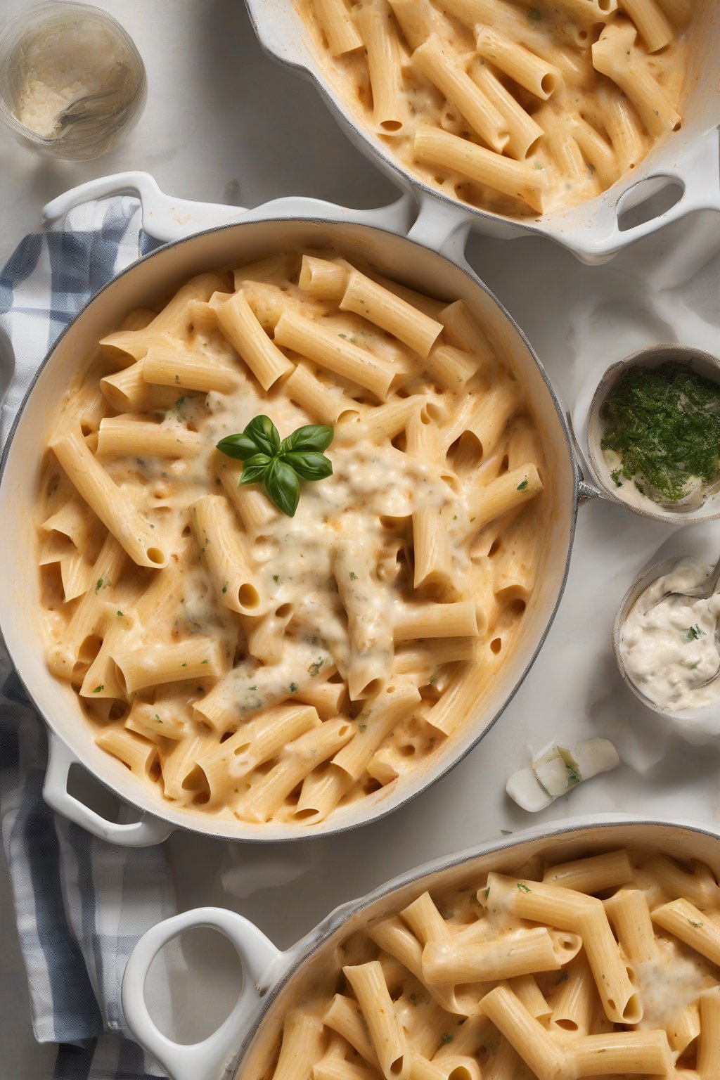 A high-resolution photo of rigatoni drowning in molten four-cheese Alfredo sauce, under soft lighting.