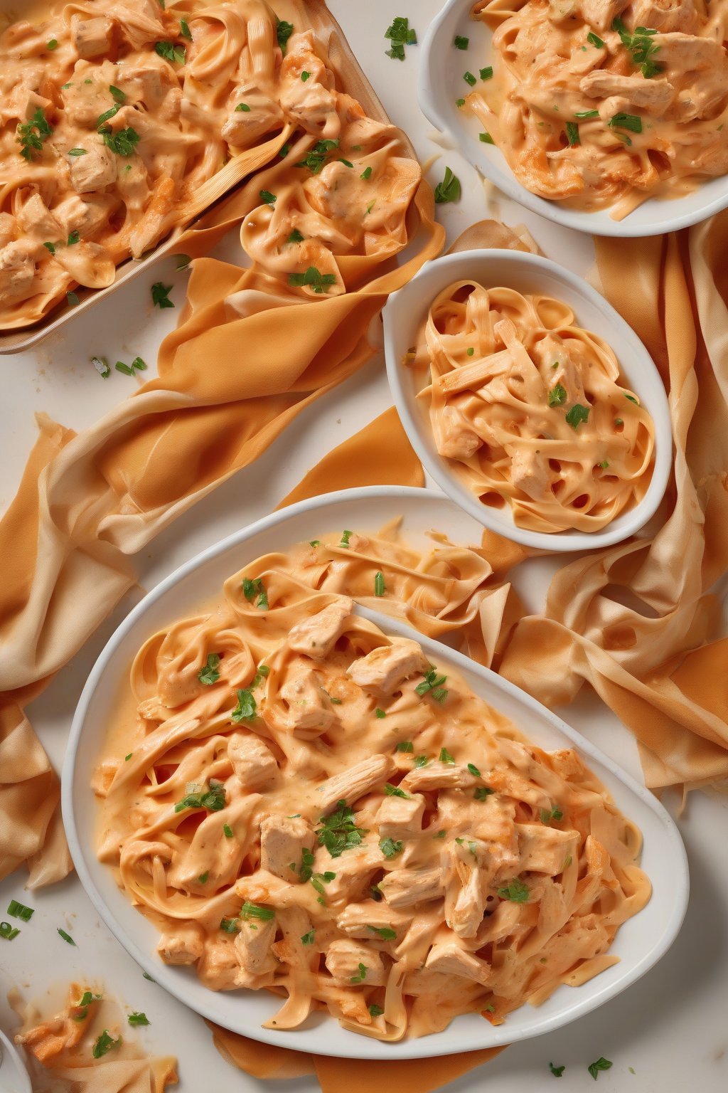 A high-resolution photo of buffalo chicken chunks in fiery orange-tinged creamy Alfredo over fettuccine, under soft lighting.