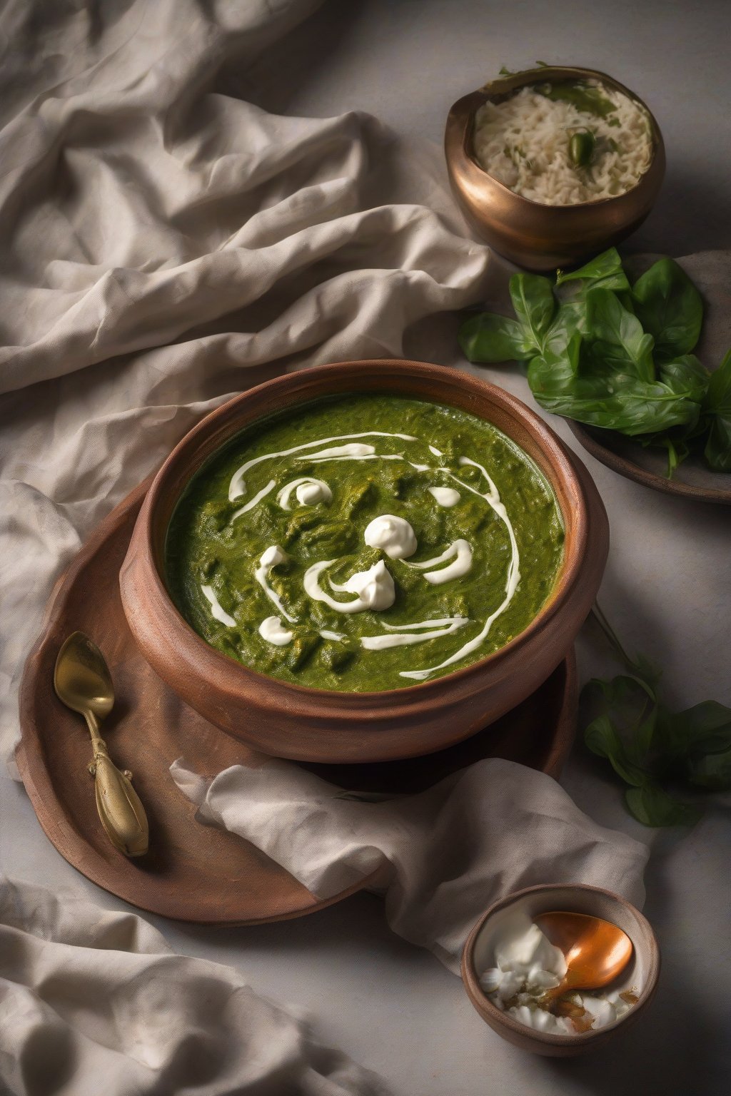 A high-resolution photo of classic creamy palak paneer garnished with cream swirls in a clay bowl under soft lighting.