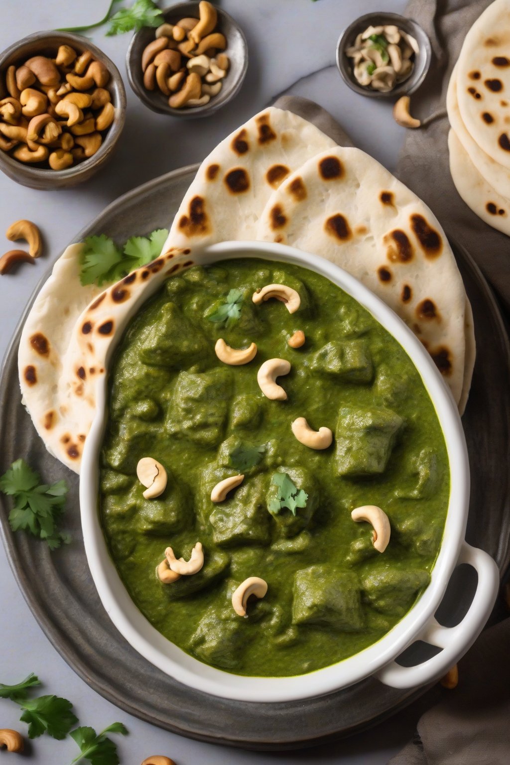 A high-resolution photo of cashew cream palak paneer with whole cashews on top, served with naan under soft lighting.