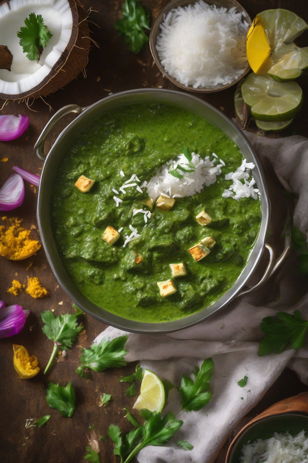 A high-resolution photo of coconut creamy palak paneer with coconut flakes sprinkled over vibrant green gravy under soft lighting.