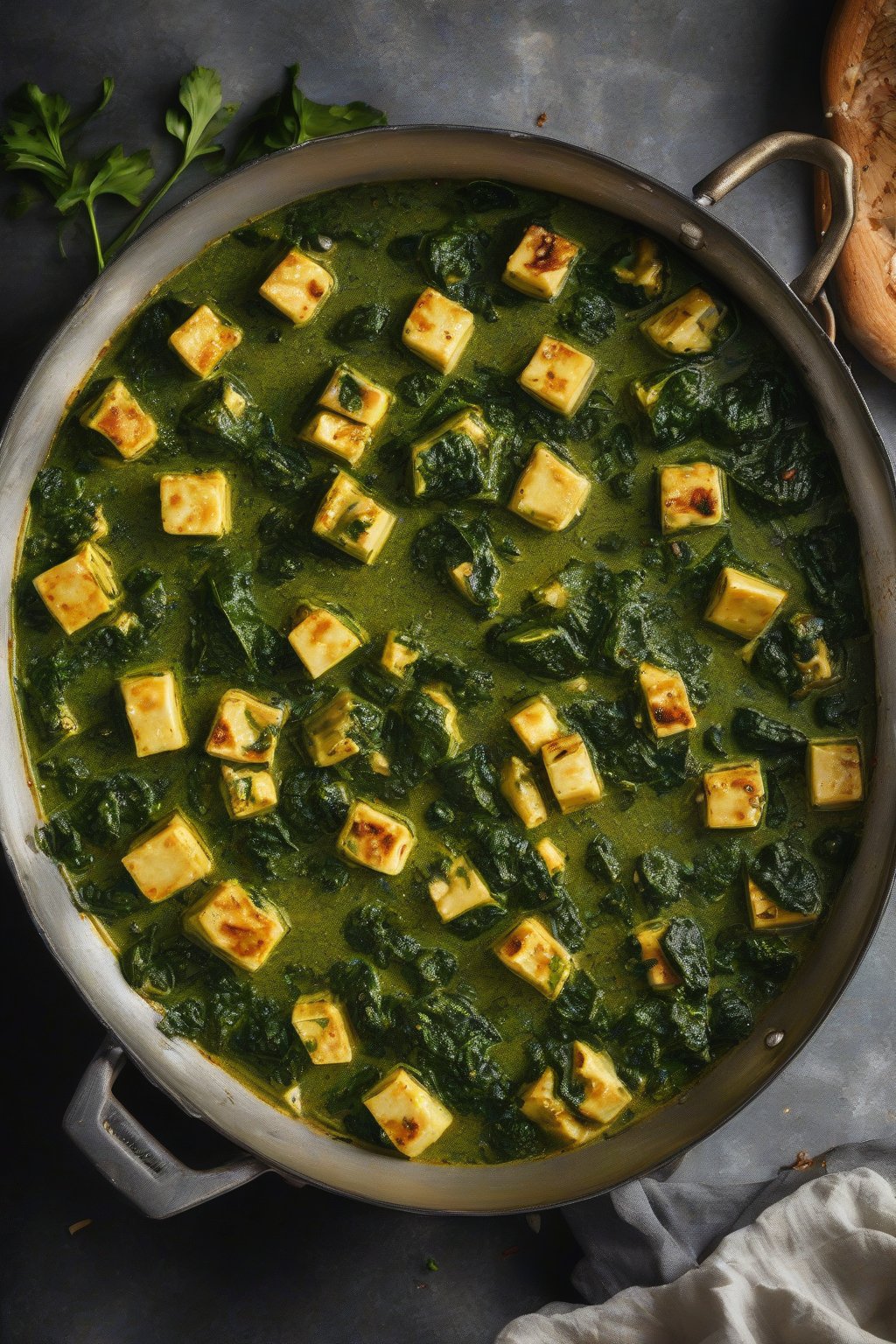 A high-resolution photo of butter garlic palak paneer bubbling in a pan with garlic bits visible under soft lighting.