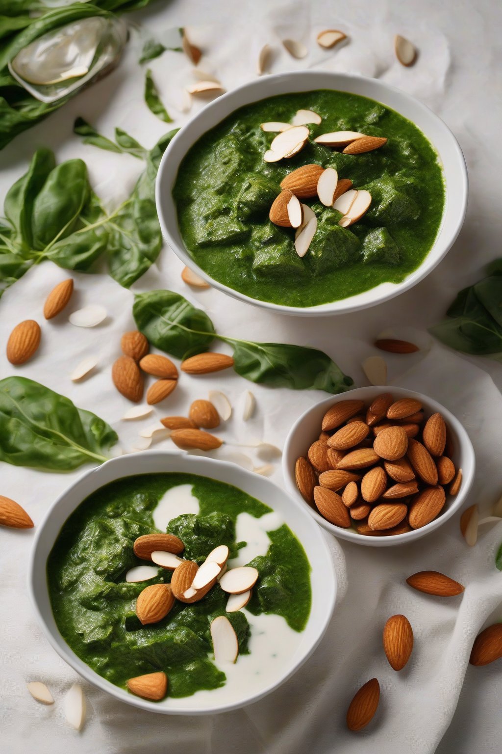 A high-resolution photo of almond milk palak paneer in a white bowl with almond slivers garnish under soft lighting.