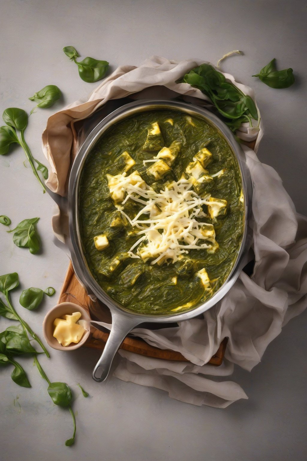 A high-resolution photo of cheese burst palak paneer with melted cheese pull strings under soft lighting.