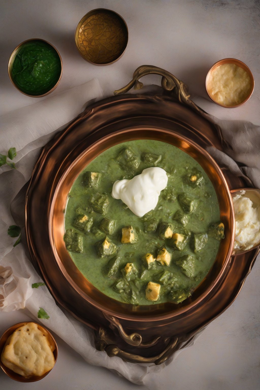 A high-resolution photo of malai palak paneer with dollops of clotted cream on a copper plate under soft lighting.