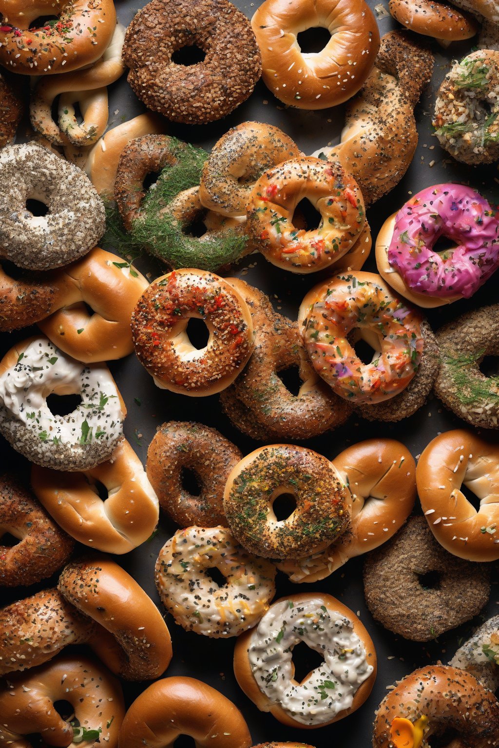 A high-resolution photo of everything bagels topped with colorful seasonings under soft lighting.