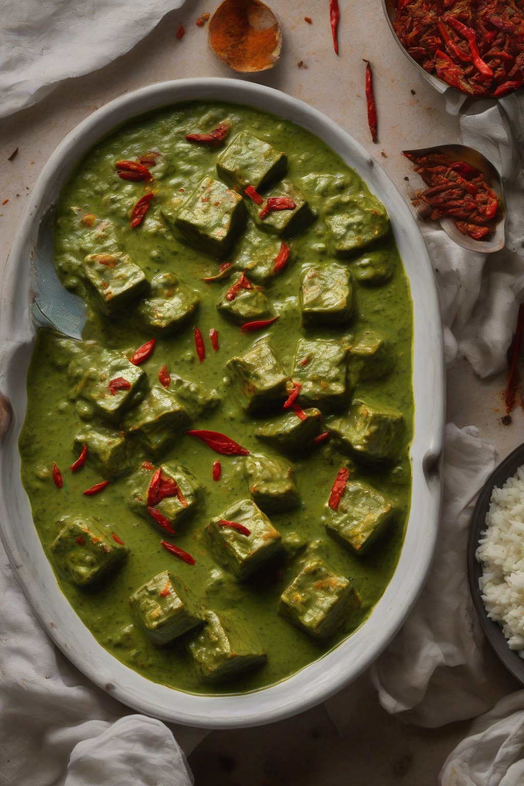 A high-resolution photo of spiced-up creamy palak paneer with red chili flecks in green sauce under soft lighting.