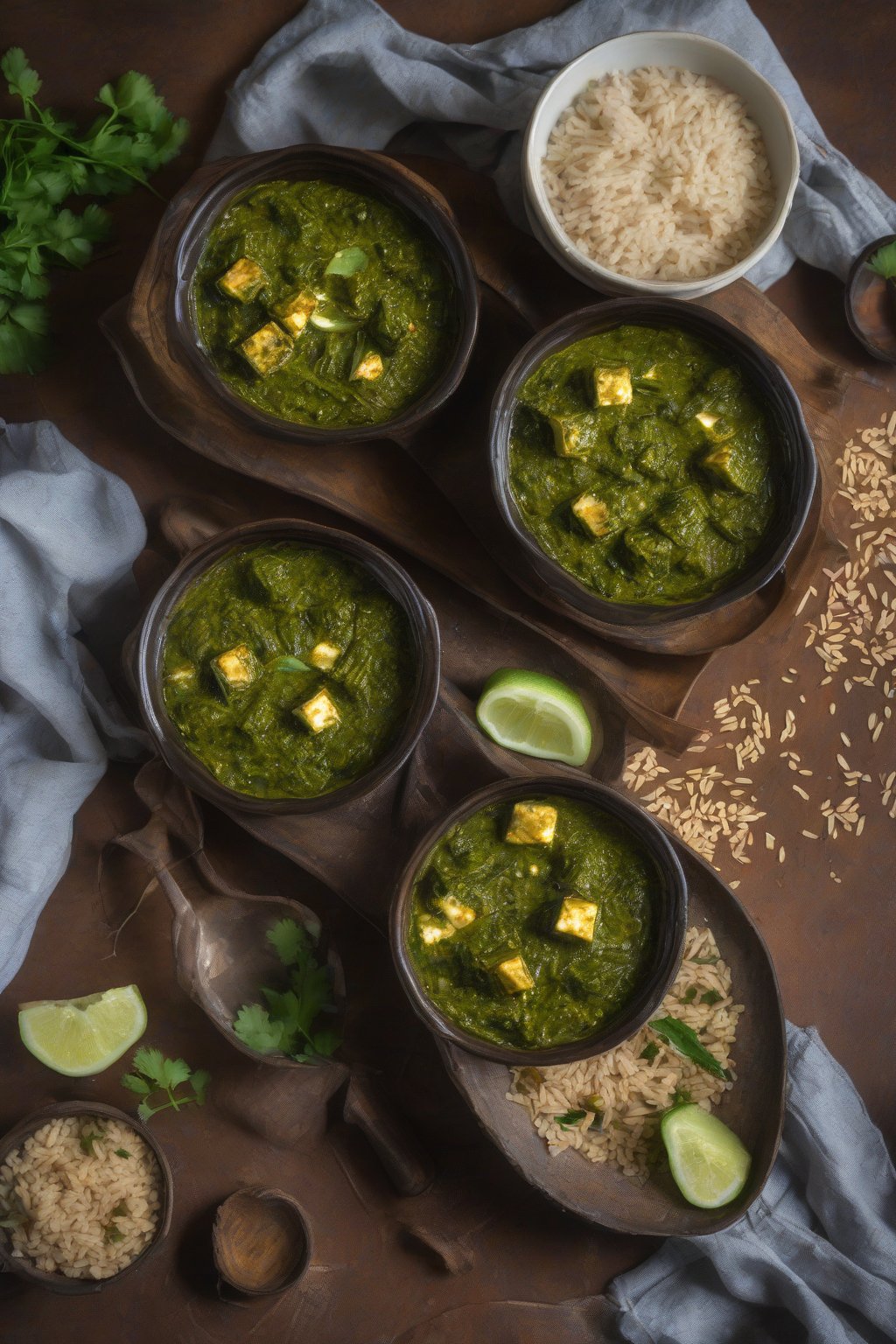 A high-resolution photo of low-fat yogurt palak paneer served with brown rice under soft lighting.