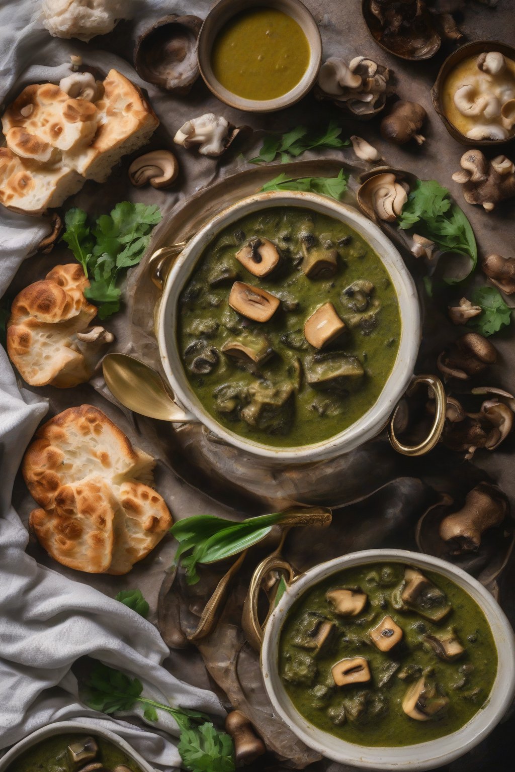 A high-resolution photo of mushroom creamy palak paneer with sliced mushrooms peeking through gravy under soft lighting.