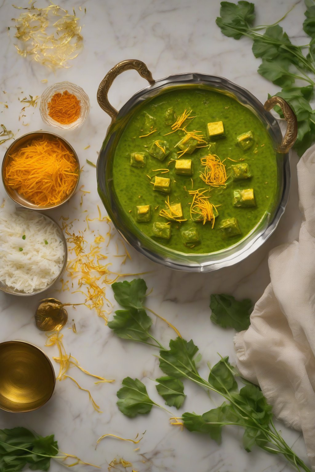 A high-resolution photo of royal saffron palak paneer with golden saffron strands in creamy green under soft lighting.