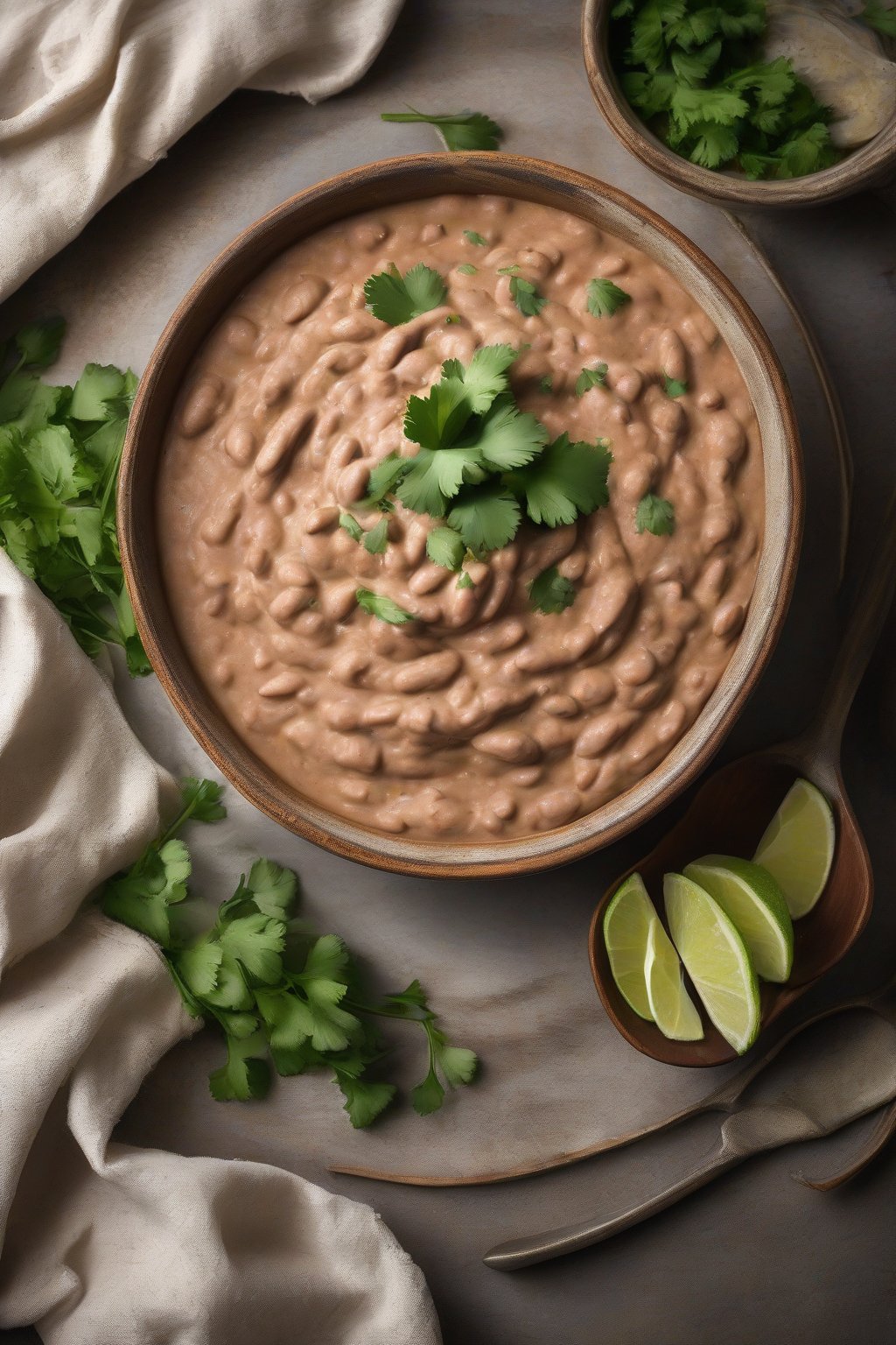 A high-resolution photo of classic creamy refried beans in a rustic bowl, garnished with cilantro, under soft lighting.