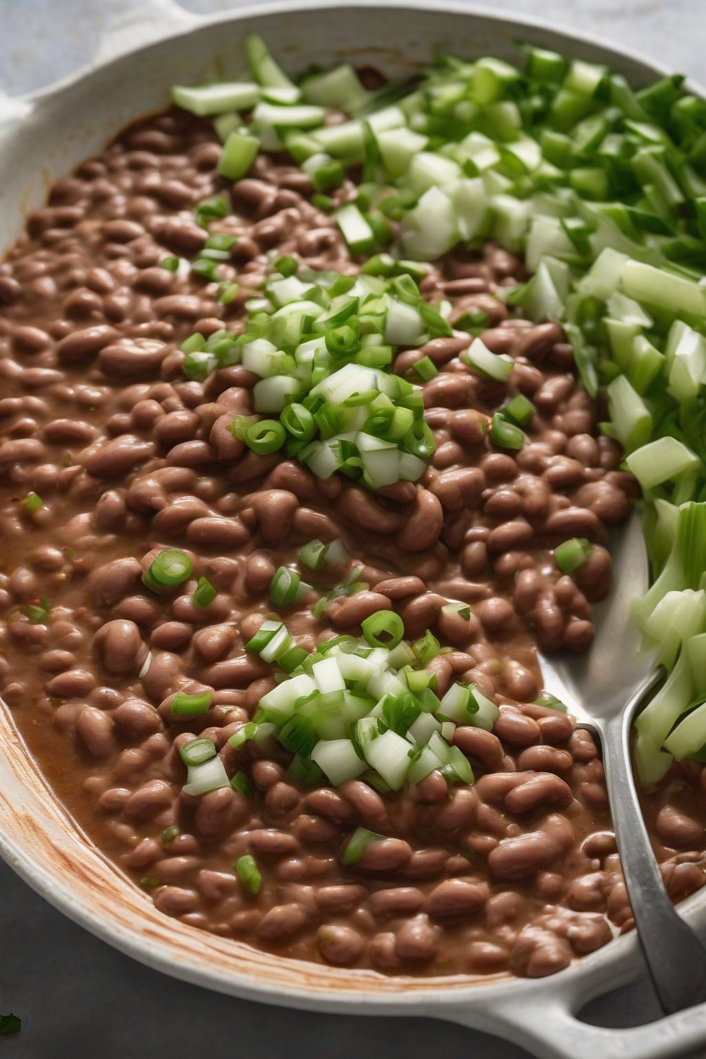 A high-resolution photo of spicy chipotle refried beans topped with green onions, steaming slightly, under soft lighting.